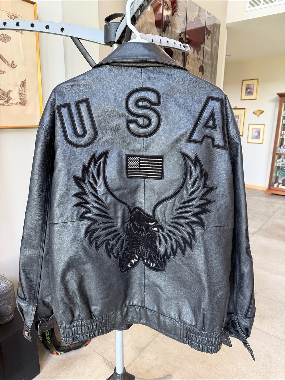 Vintage USA Leather Men's Black Biker Jacket - American Flag Eagle - size XL